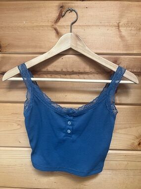 Dazy Blue Lace Trim Ribbed Crop Tank Henley Button Front Cami